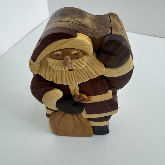 Handcrafted Carved Wood Puzzle Box Gift Jewelry Trinket Box Santa Christmas - Picture 6 of 7